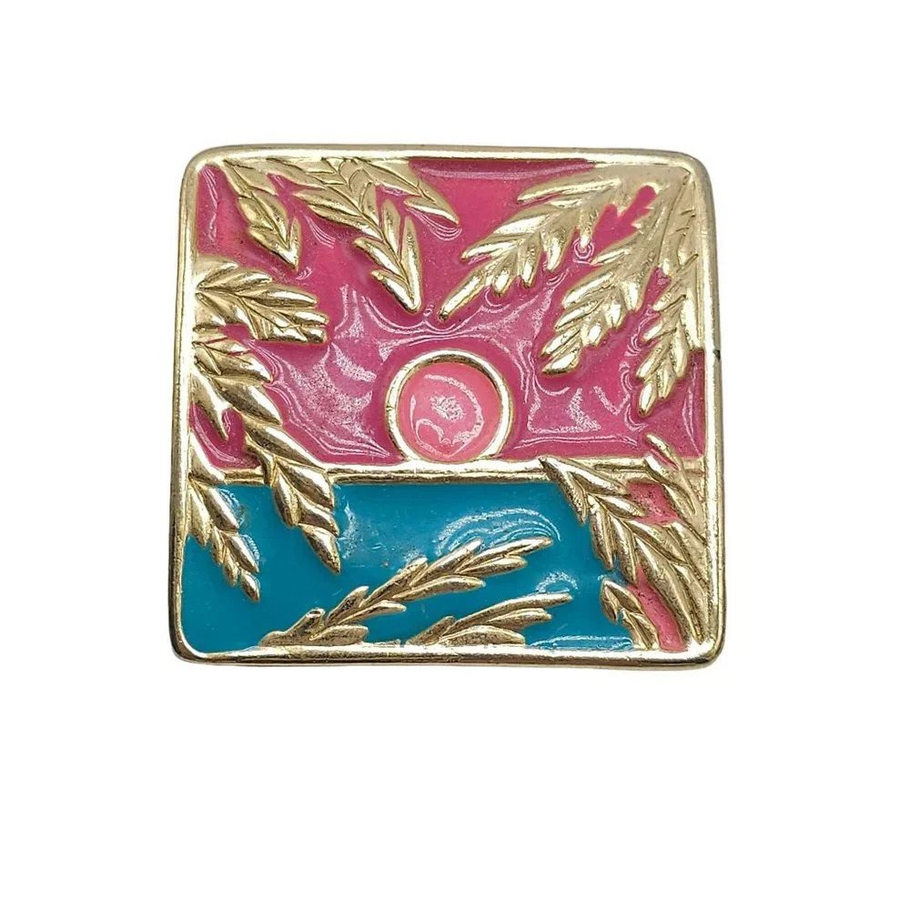 Pink Blue Enamel Tropical Sunset Square Brooch Pin Gold Tone Vintage